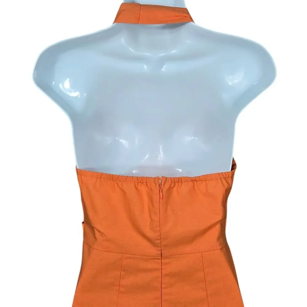 Commense Halter Maxi Dress Womens XSmall NEW Orange Linen Pleated Party Cocktail
